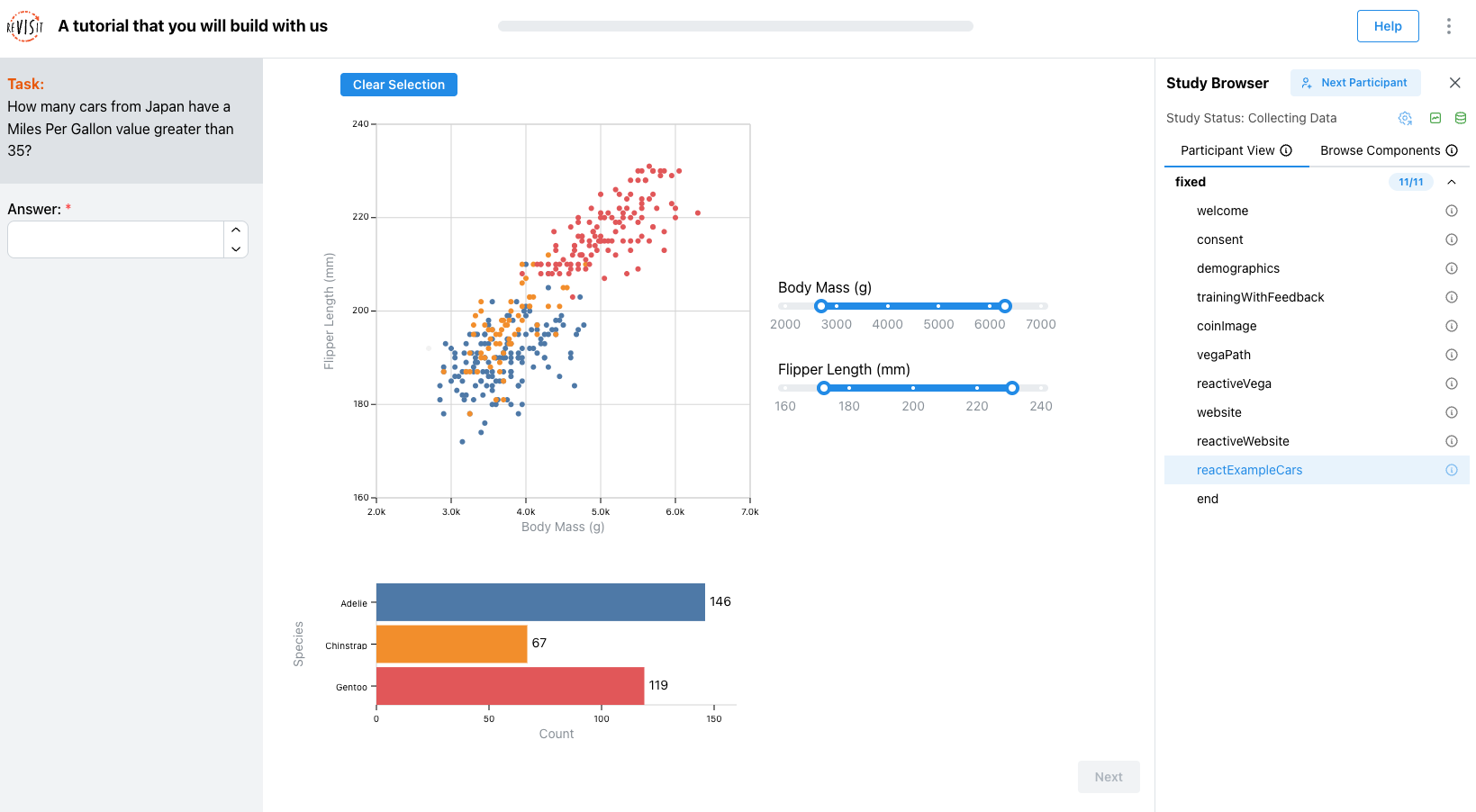 The tutorial study with the reactExampleCars trial