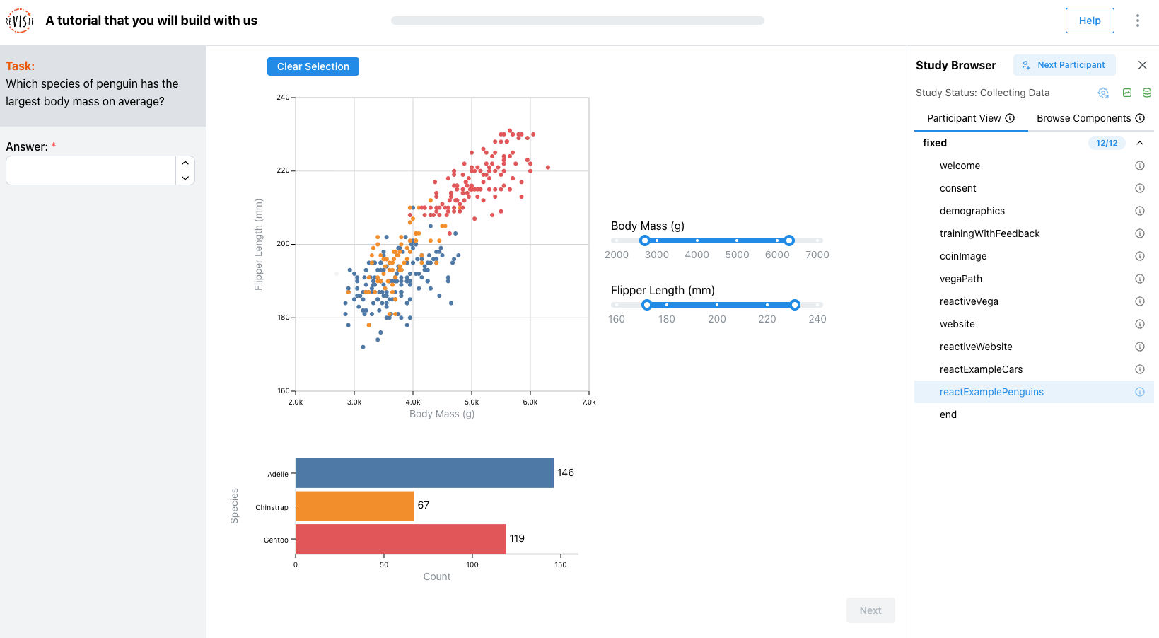 The tutorial study with the reactExamplePenguins trial