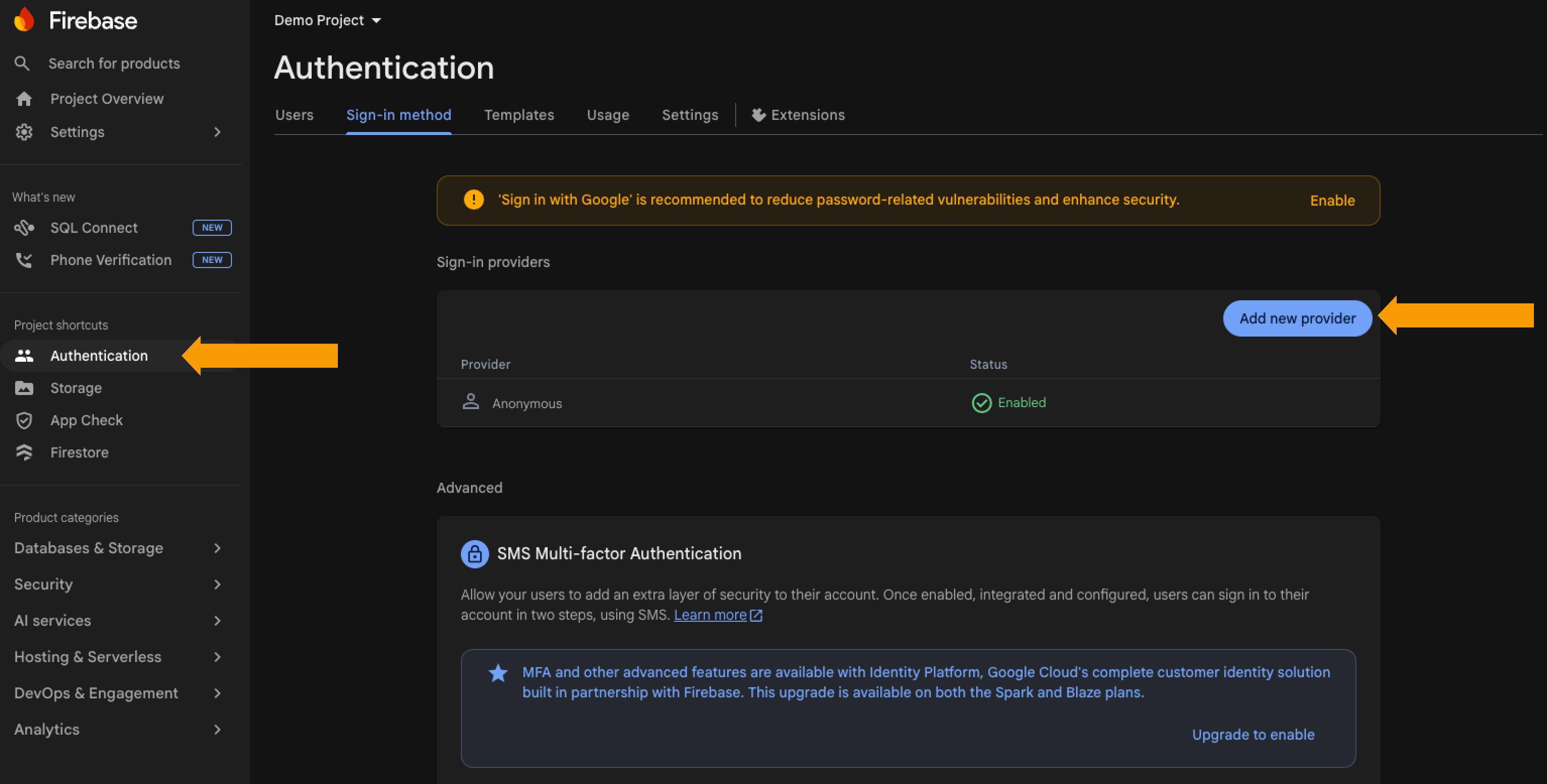 Firebase Authentication sign-in method page