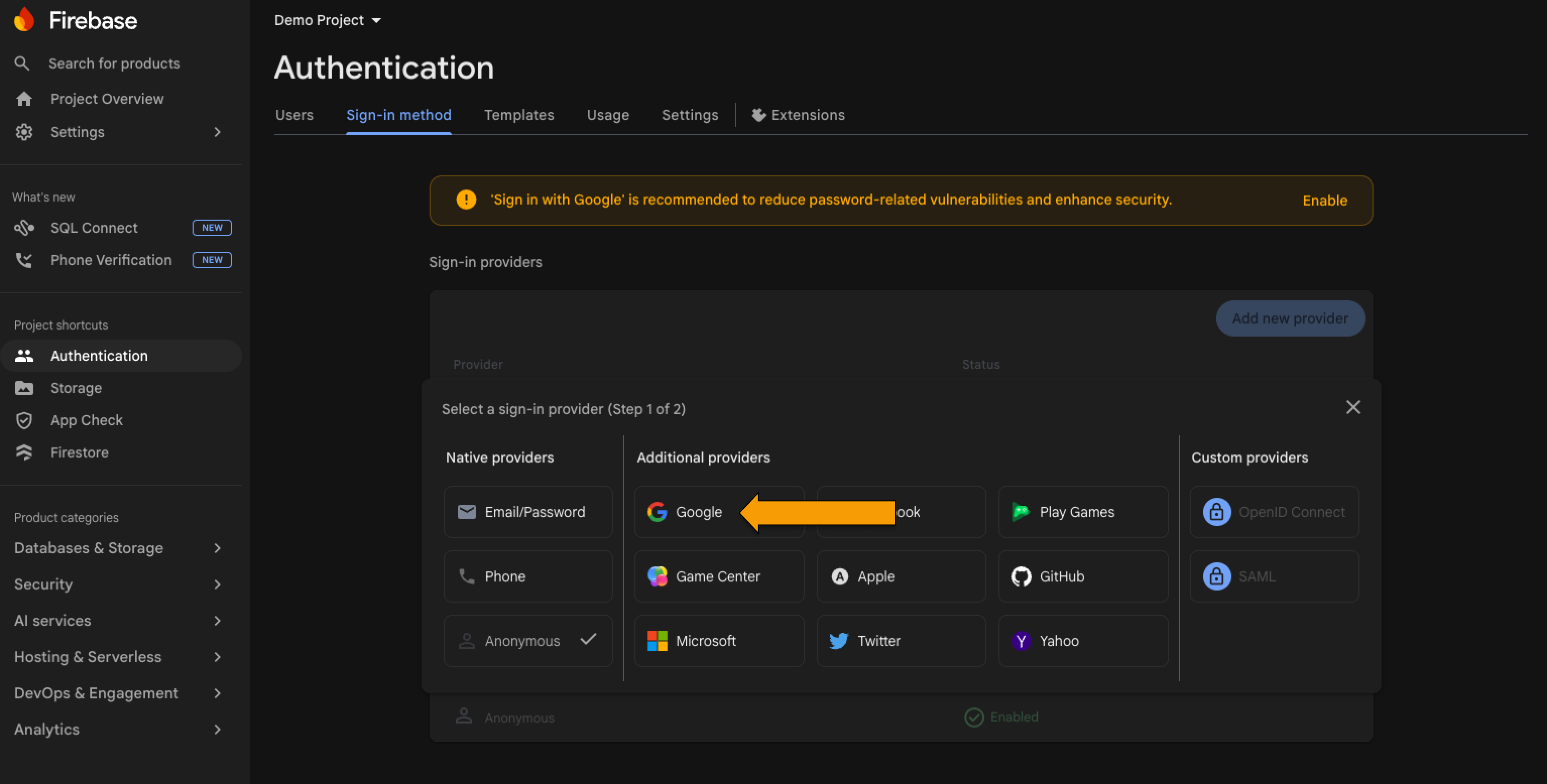 Firebase provider selection page with Google highlighted