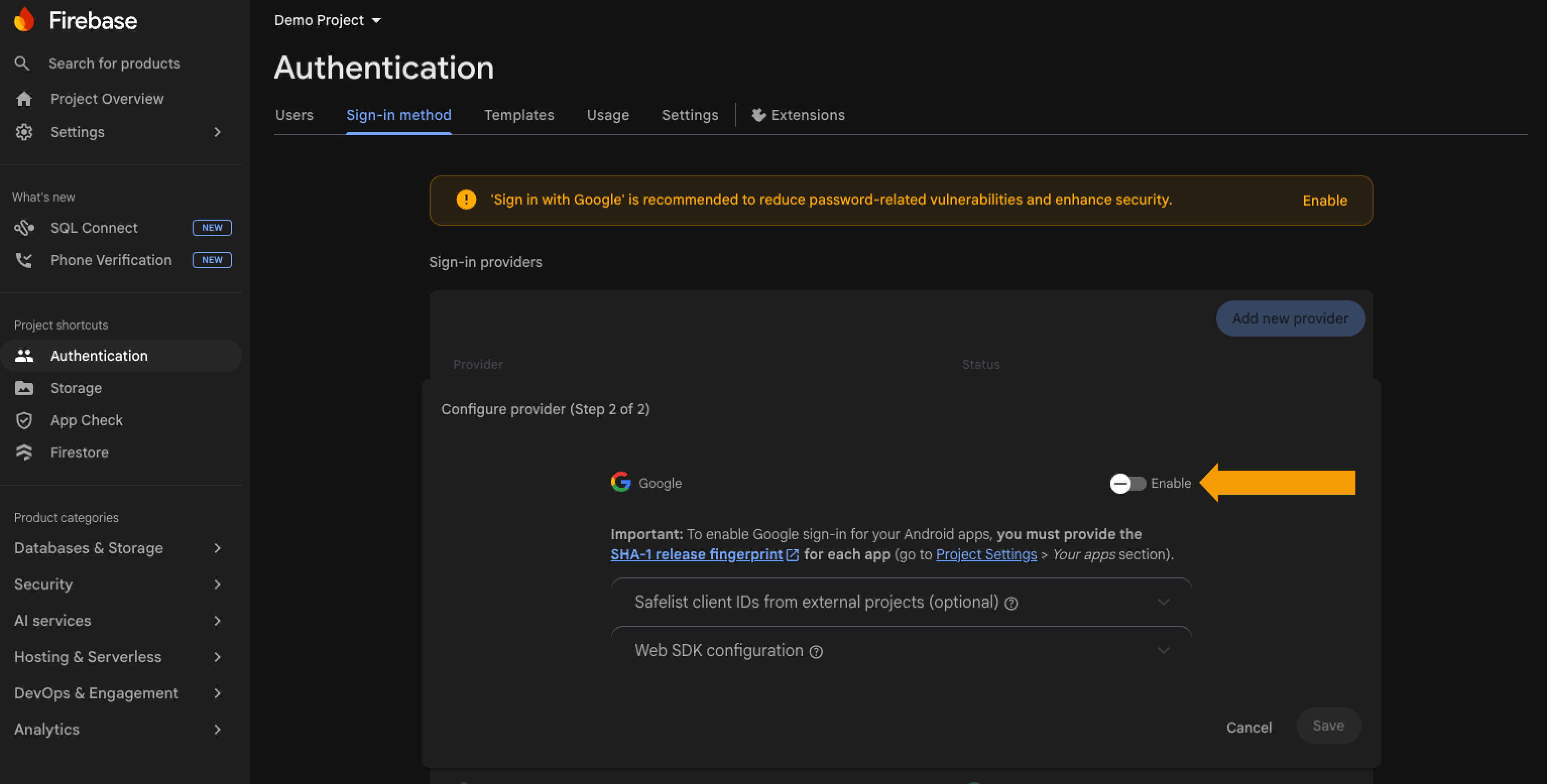 Firebase Google sign-in provider setup page