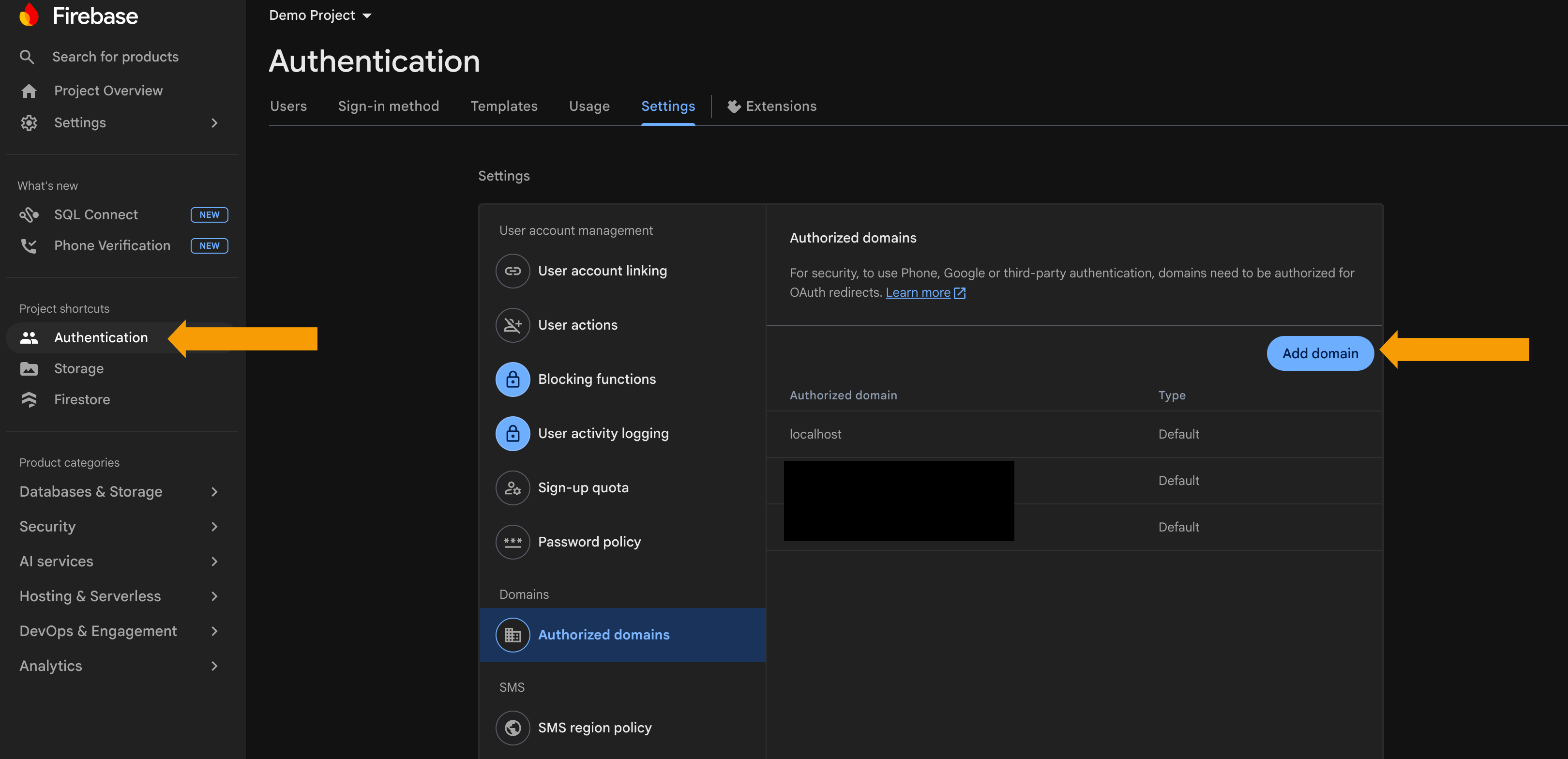 Firebase authorized domains settings page