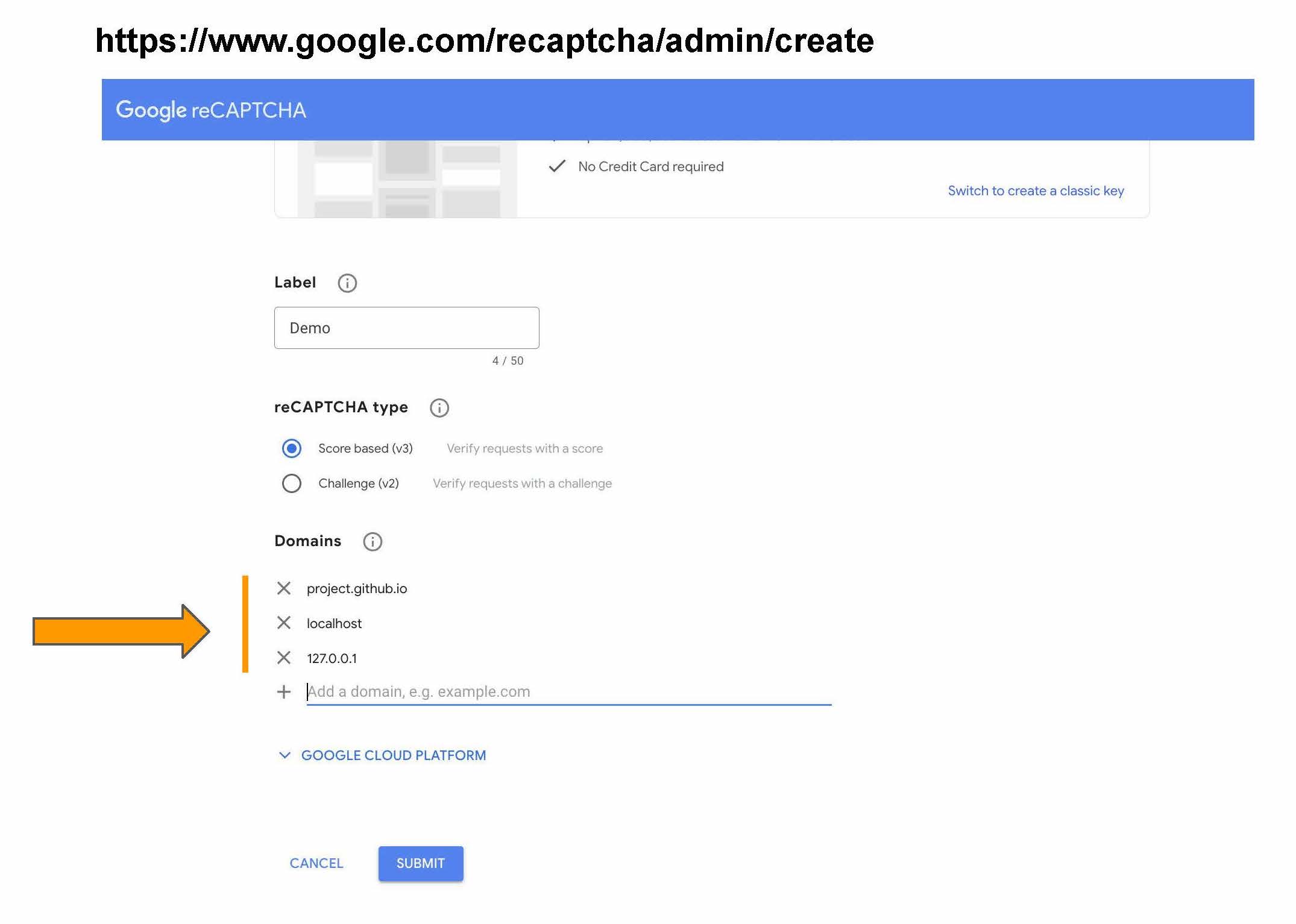 Google reCAPTCHA admin page for creating a new reCAPTCHA key