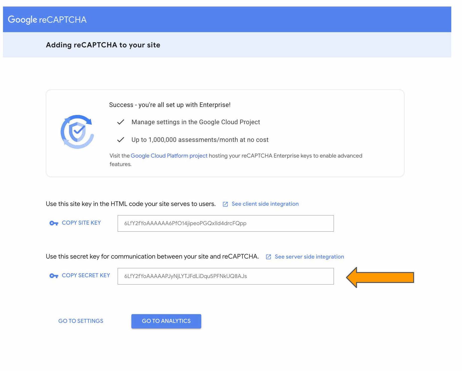 Google reCAPTCHA admin page showing the generated site key and secret key
