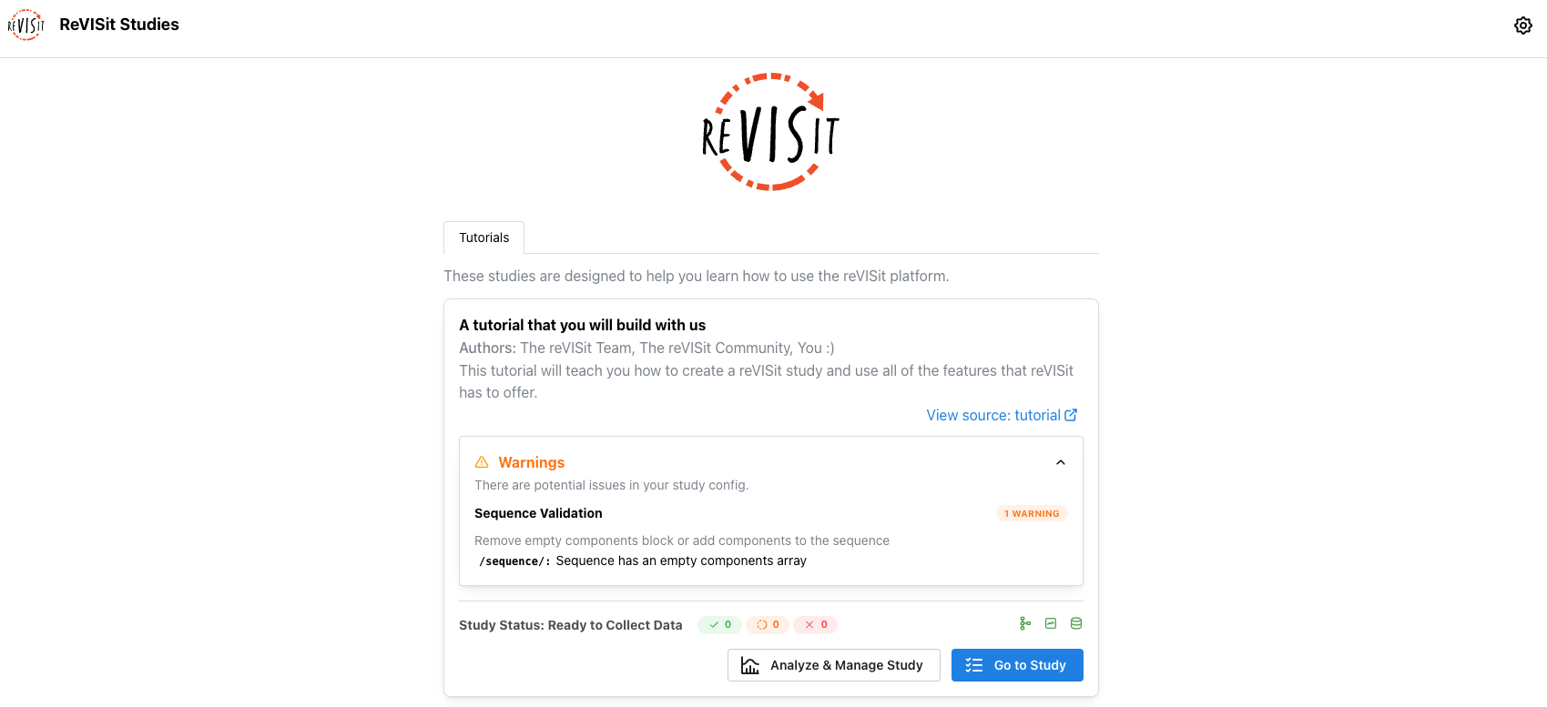 The tutorial study appears on the local reVISit page with an empty sequence warning.