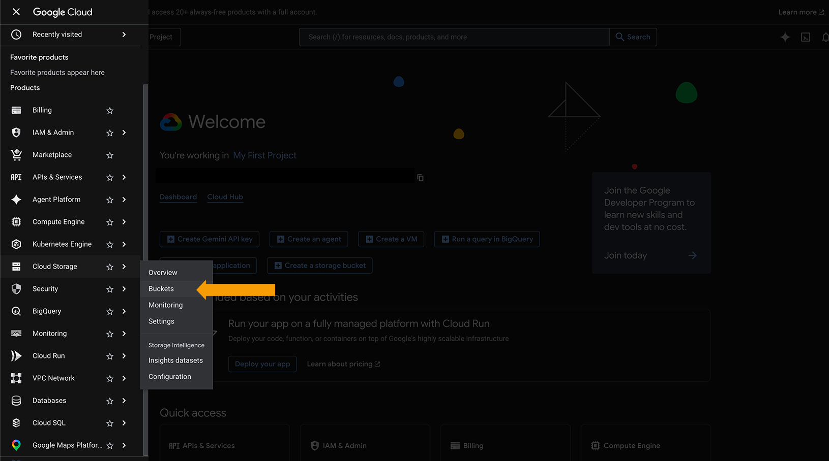 Google Cloud Storage buckets page with a Firebase bucket selected