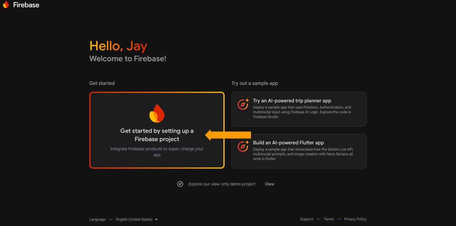 Firebase homepage with the Go to console button