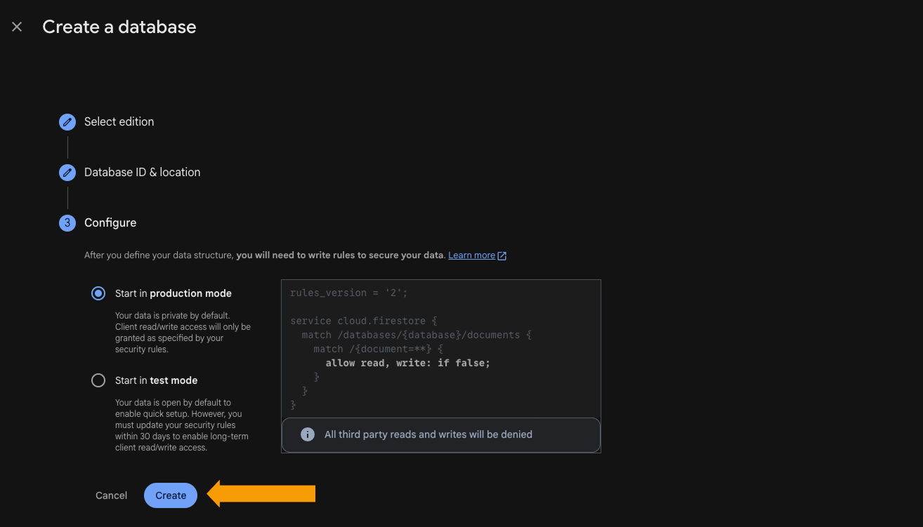 Firestore database page after the database is created