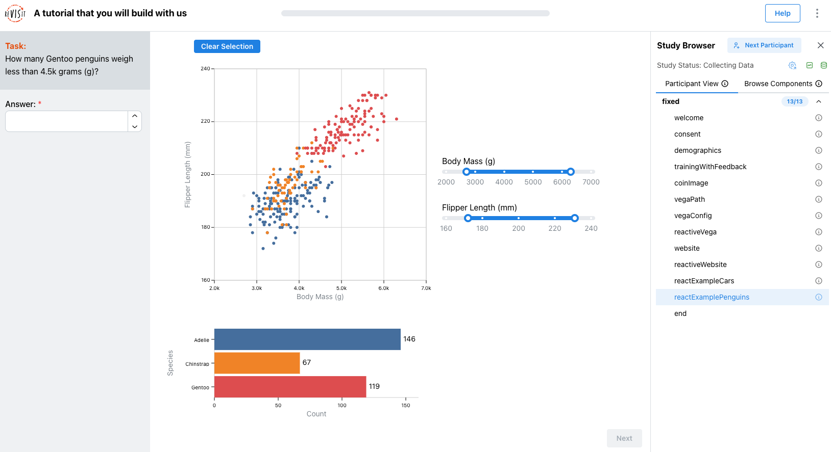 The tutorial study with the reactExamplePenguins trial