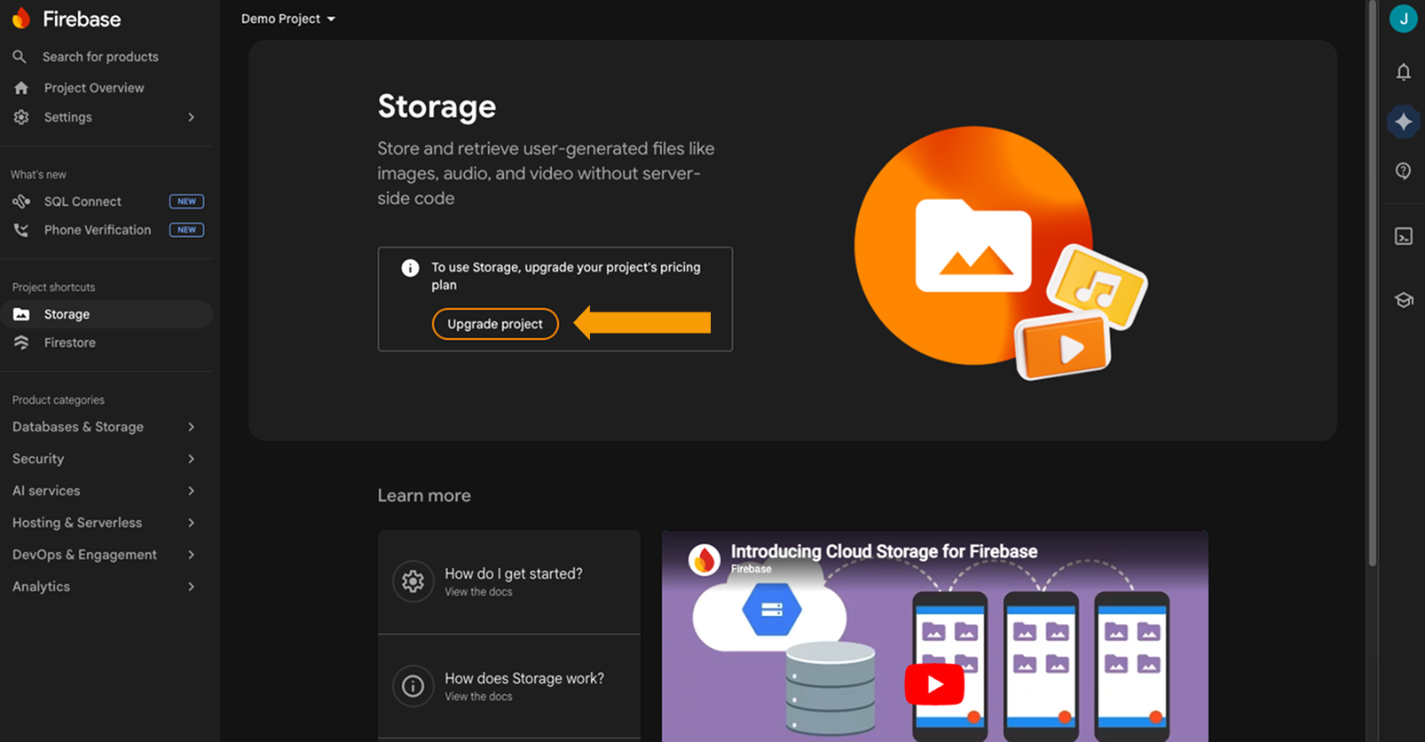 Firebase sidebar with Storage selected under Databases and Storage