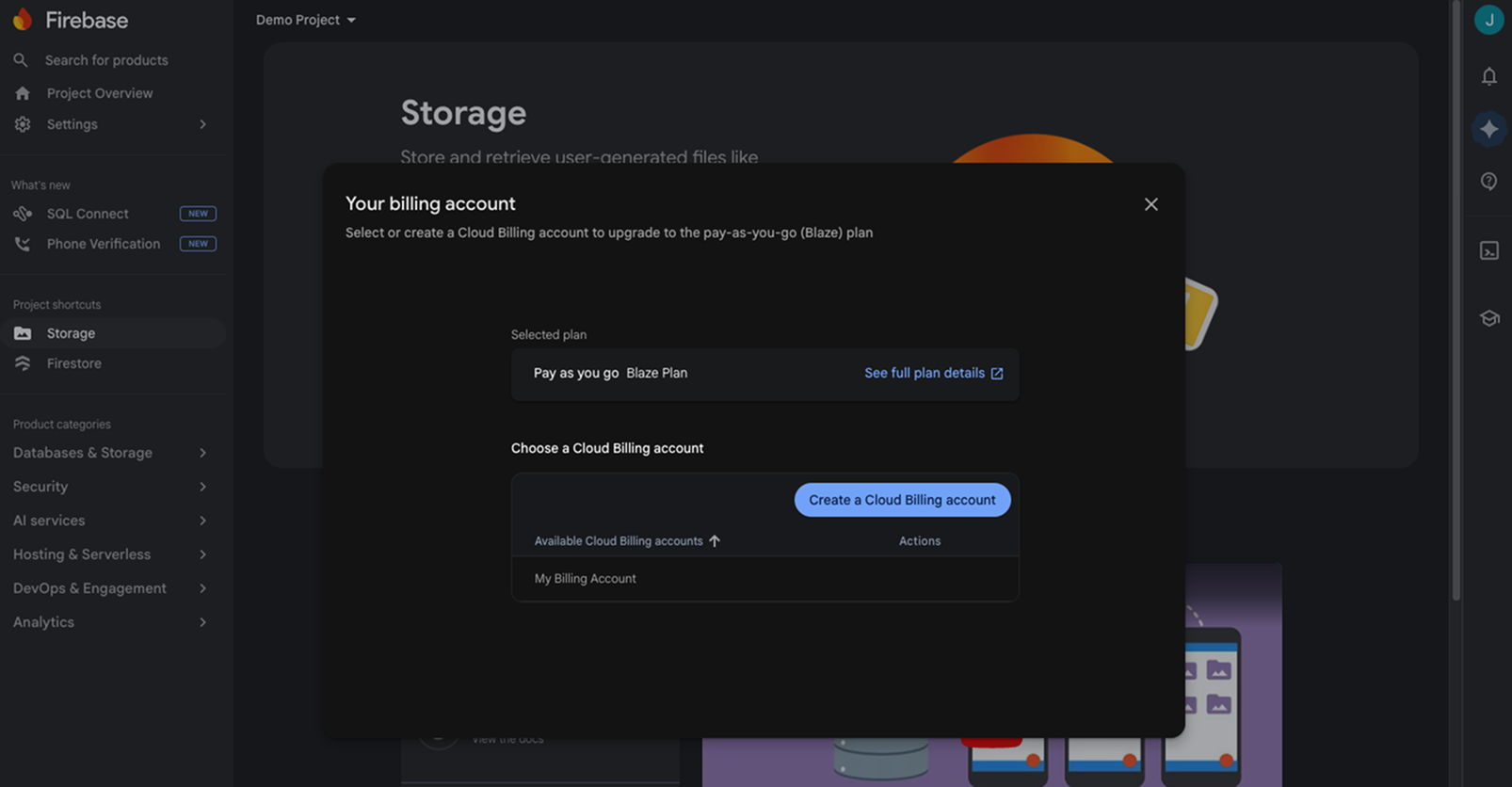 Firebase Storage page with the Get started button