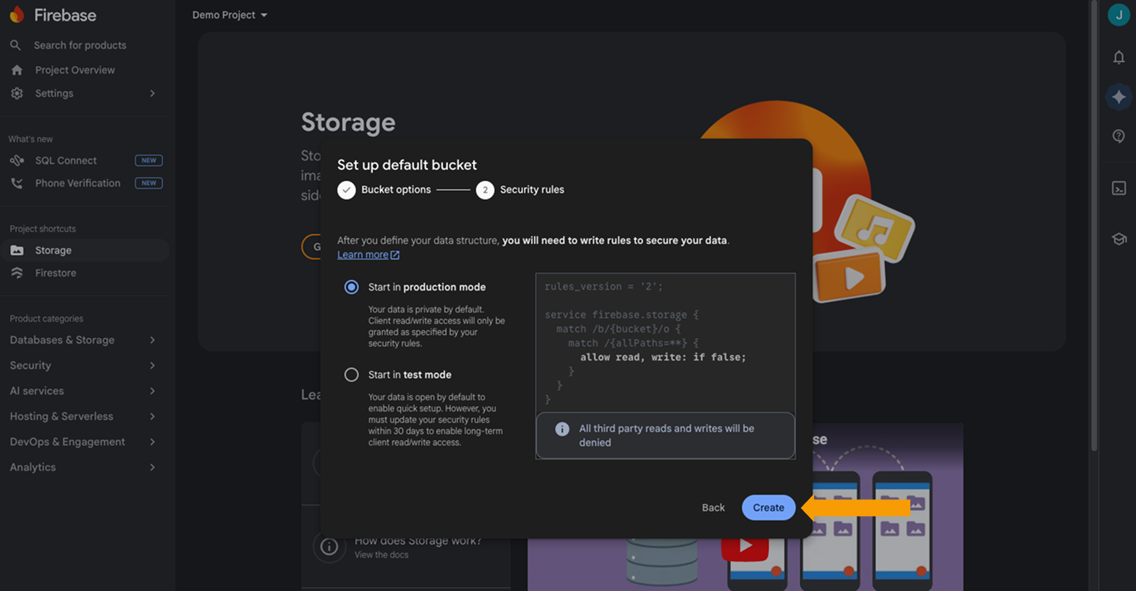 Firebase Storage setup dialog showing storage location settings