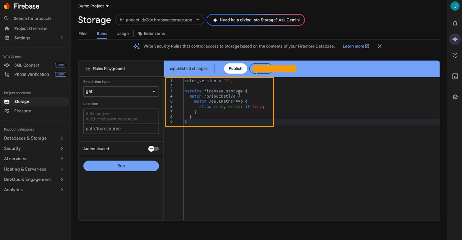 Firebase Storage Rules tab with custom read and write rules entered