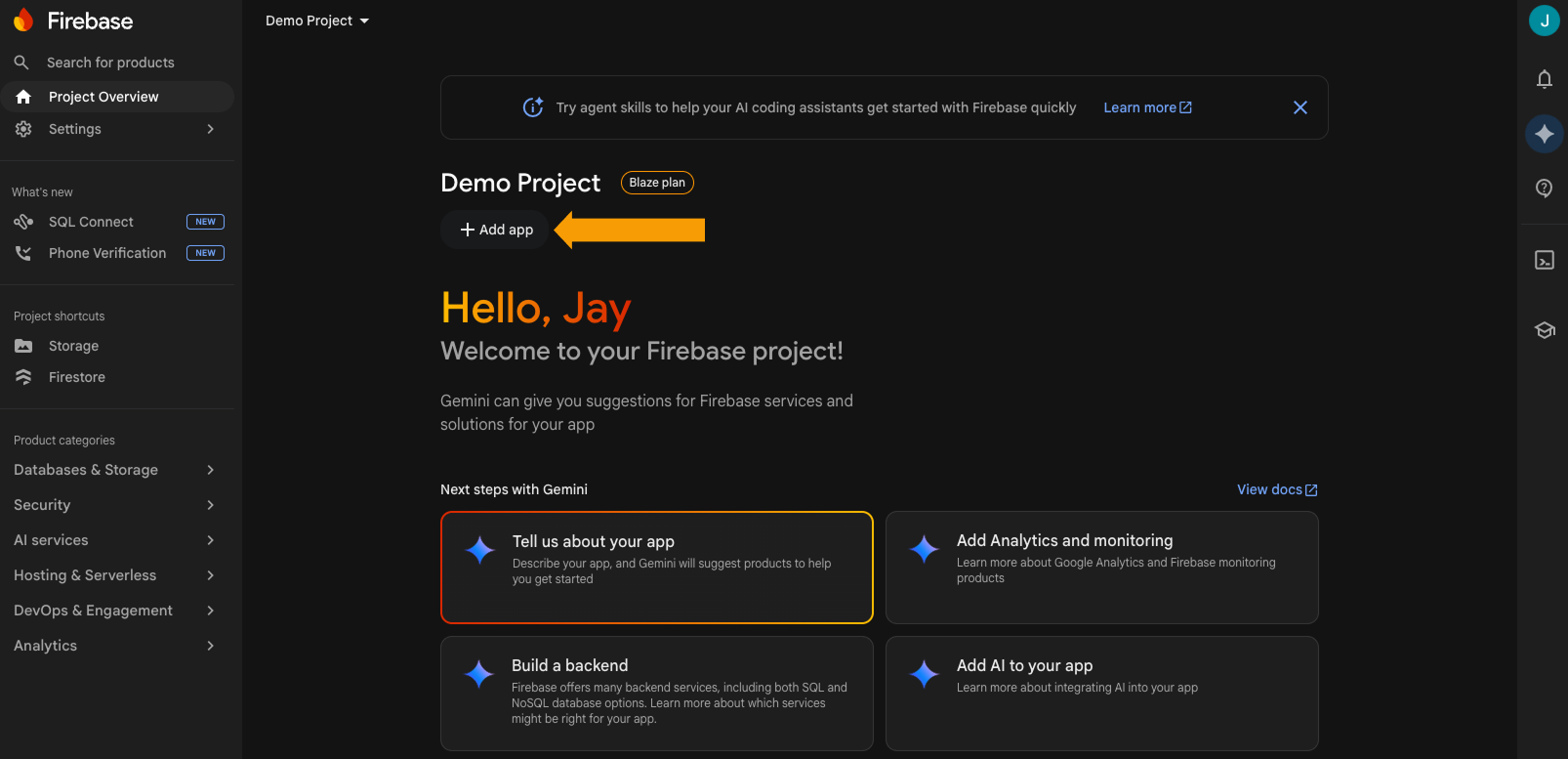 Firebase project overview page showing app platform options