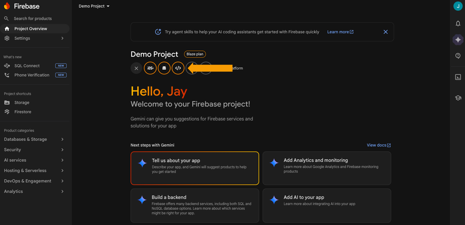 Firebase Add app dialog with the web app option selected