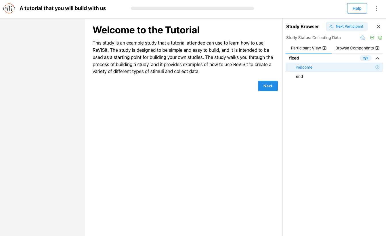 The tutorial study with the welcome page