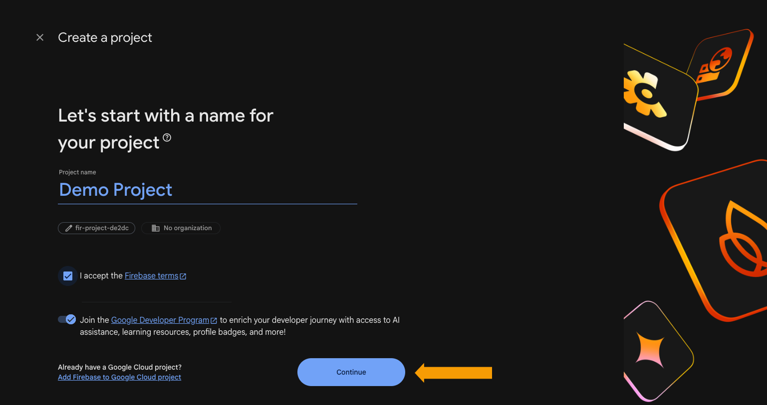Firebase console showing the Create a project button