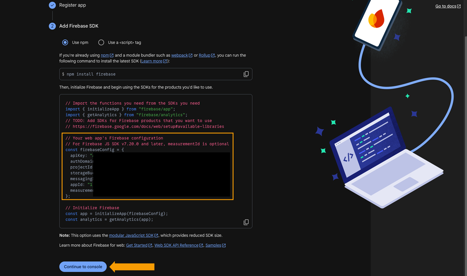Firebase web app configuration snippet with the firebaseConfig object