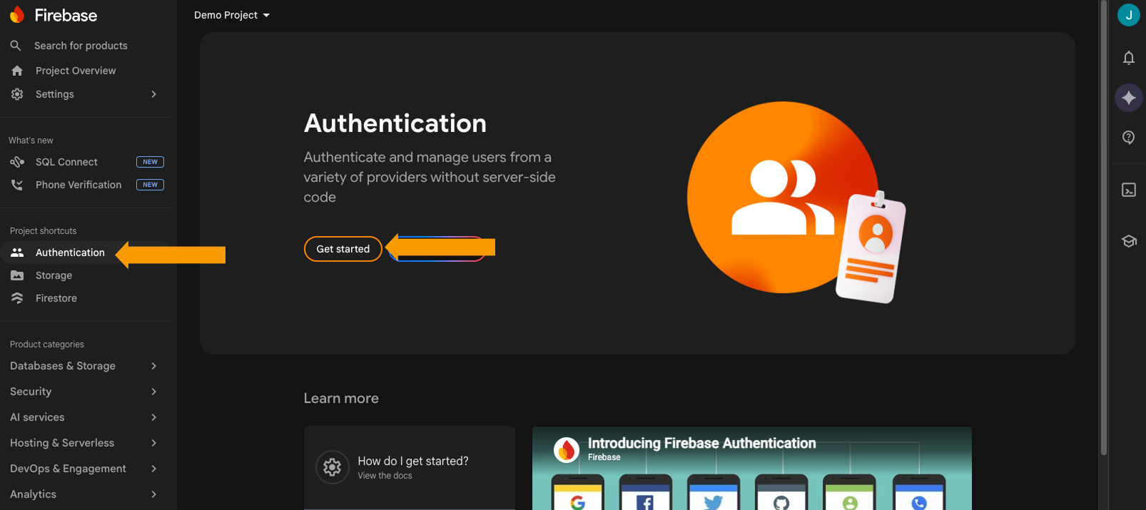 Firebase Authentication page with the Get started button