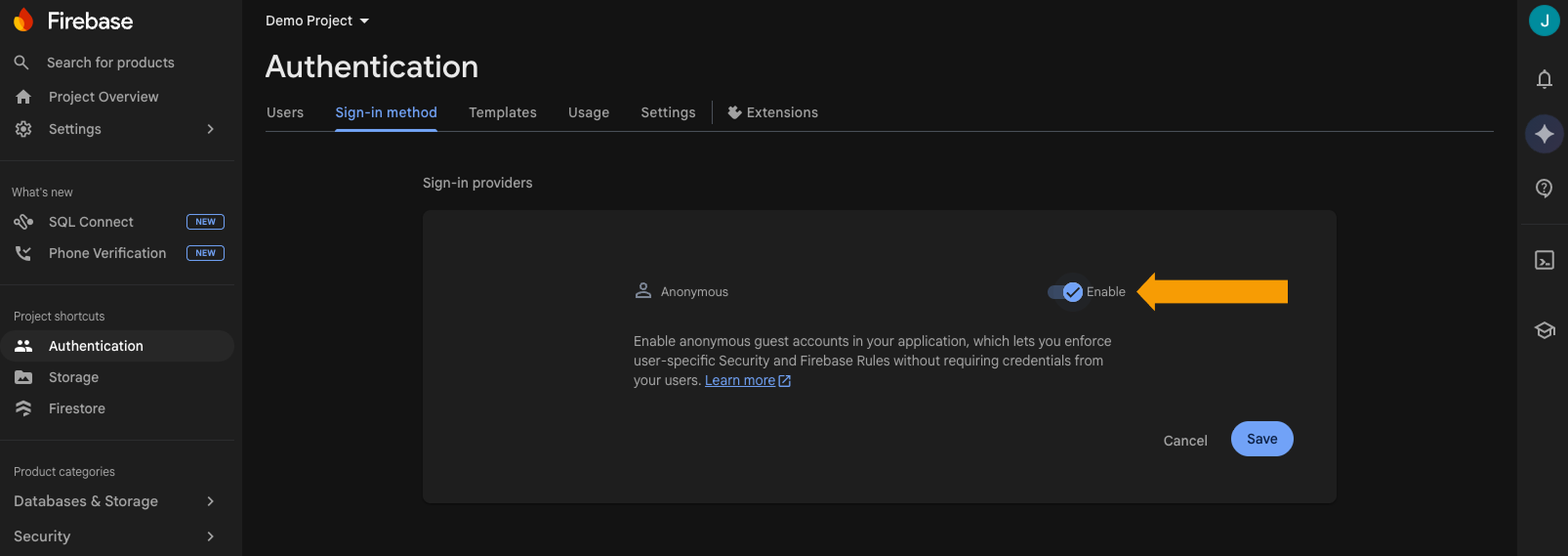 Firebase anonymous sign-in provider setup page