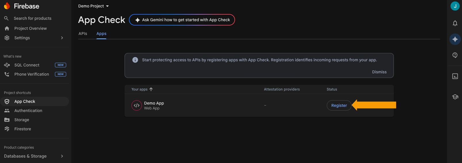 Firebase App Check registration page for reCAPTCHA