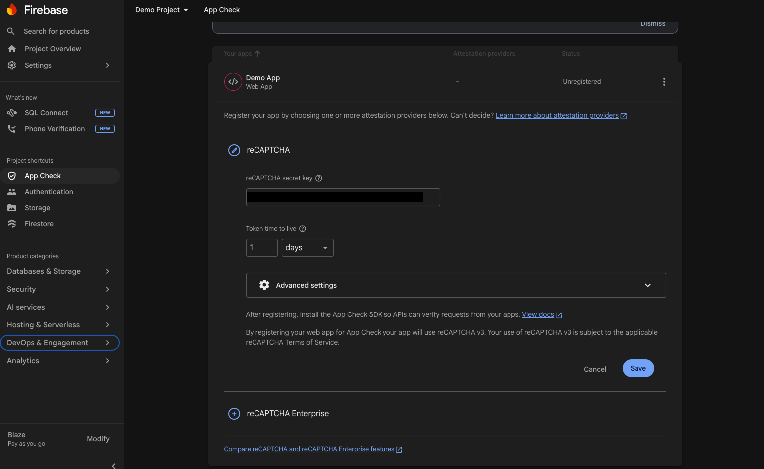 Firebase App Check reCAPTCHA setup page with the secret key field