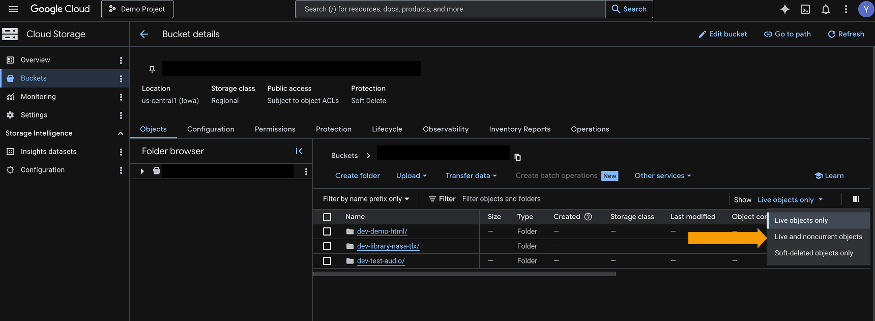 Google Cloud Storage Objects tab showing live and noncurrent object versions