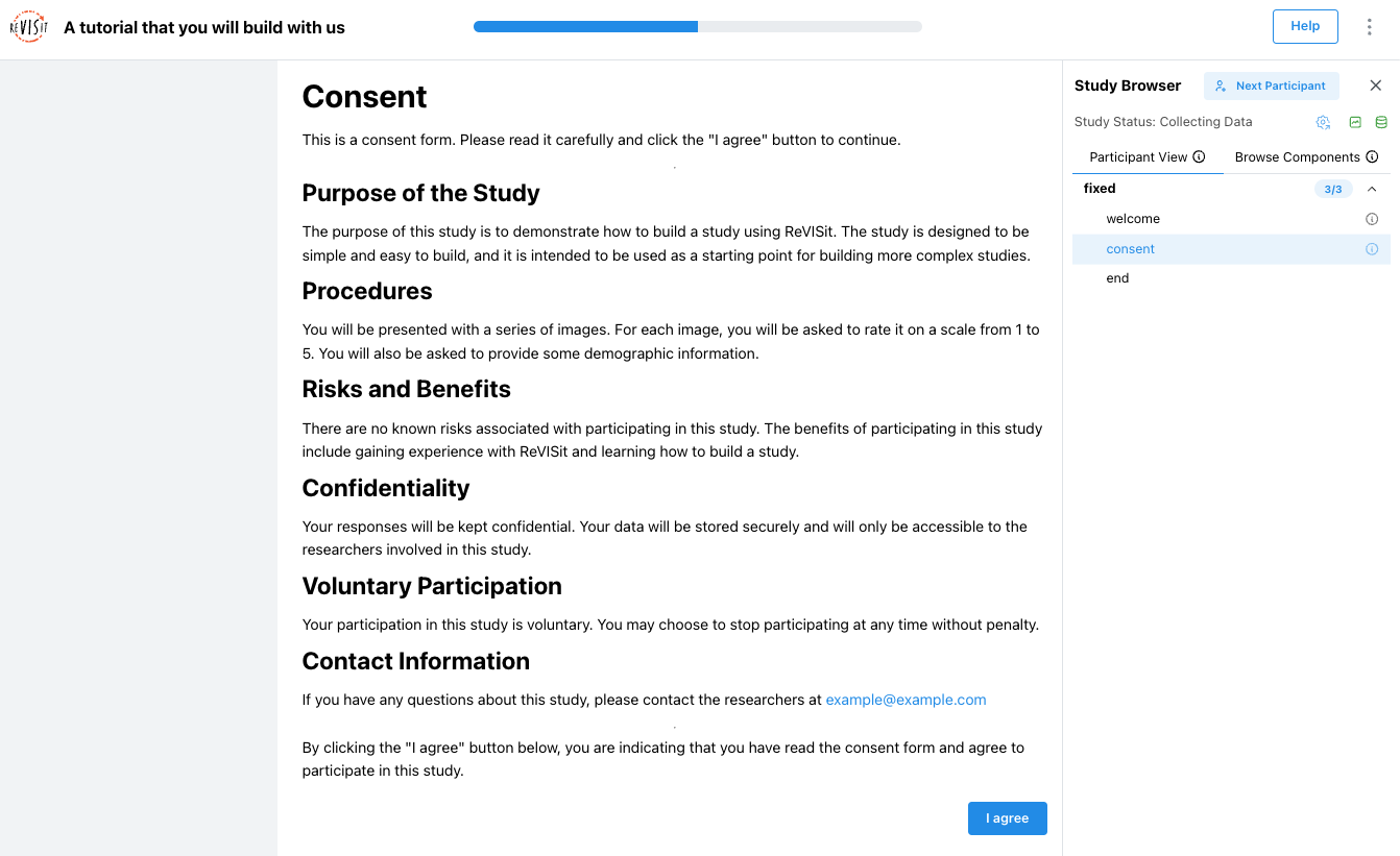 The tutorial study with the consent page with I agree button