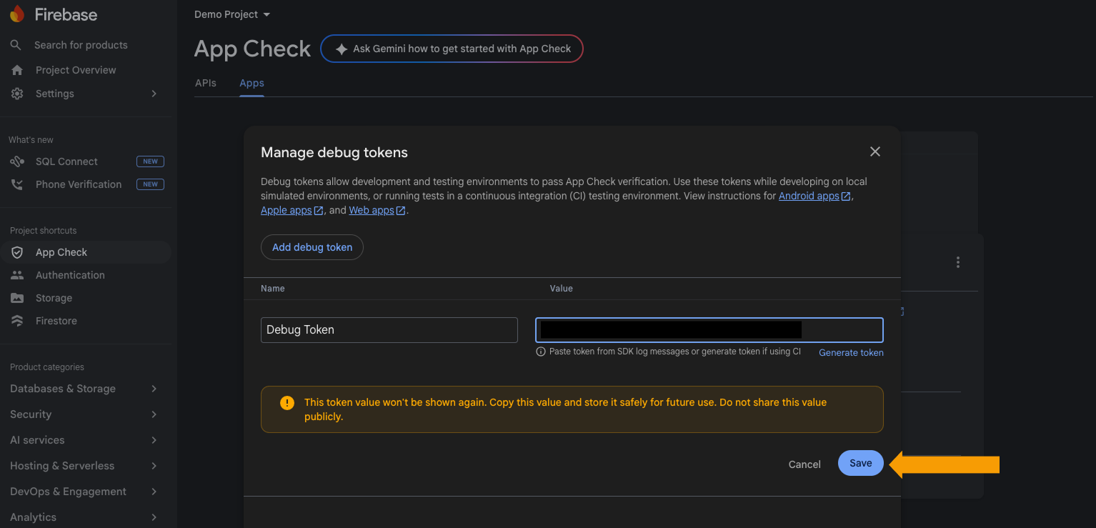 Firebase App Check page showing the added debug token
