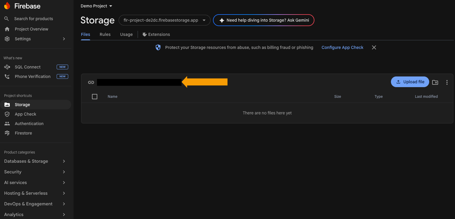 Firebase Storage files page showing the storage bucket URL