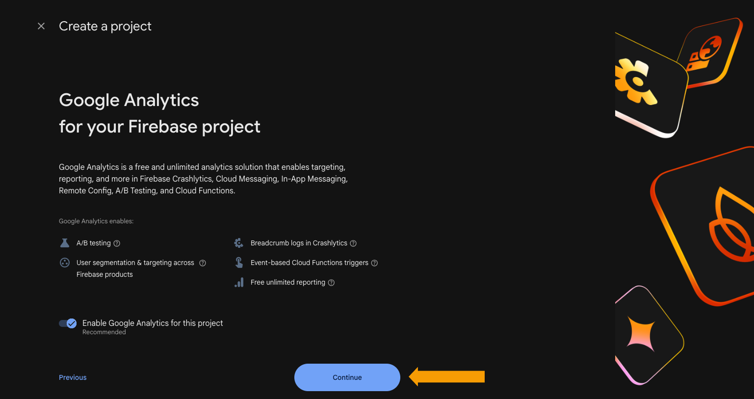 Firebase project setup page for entering a project name
