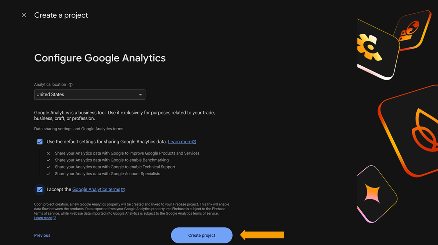Firebase project setup page with Gemini and Google Analytics options