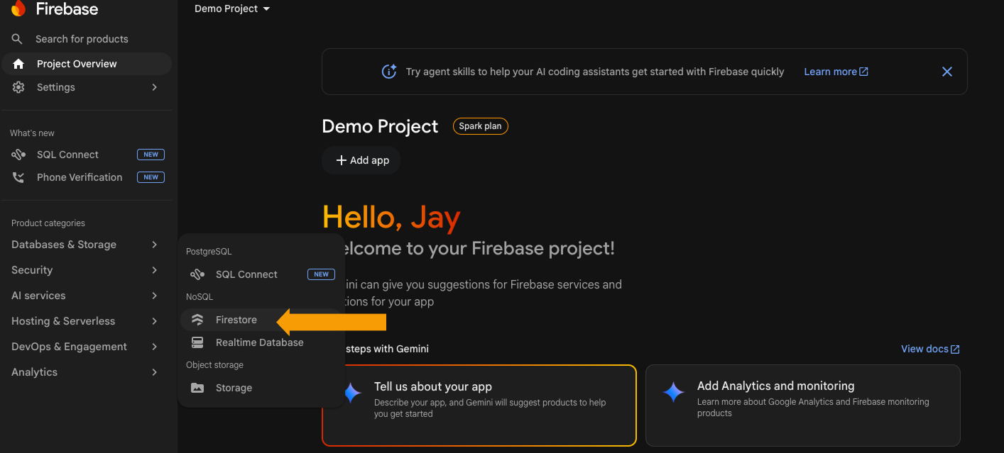 Firebase sidebar with Firestore selected under Databases and Storage