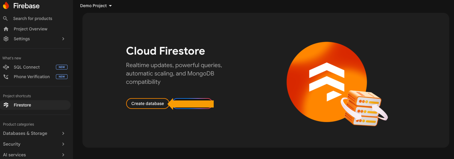 Firestore Database page with the Create database button