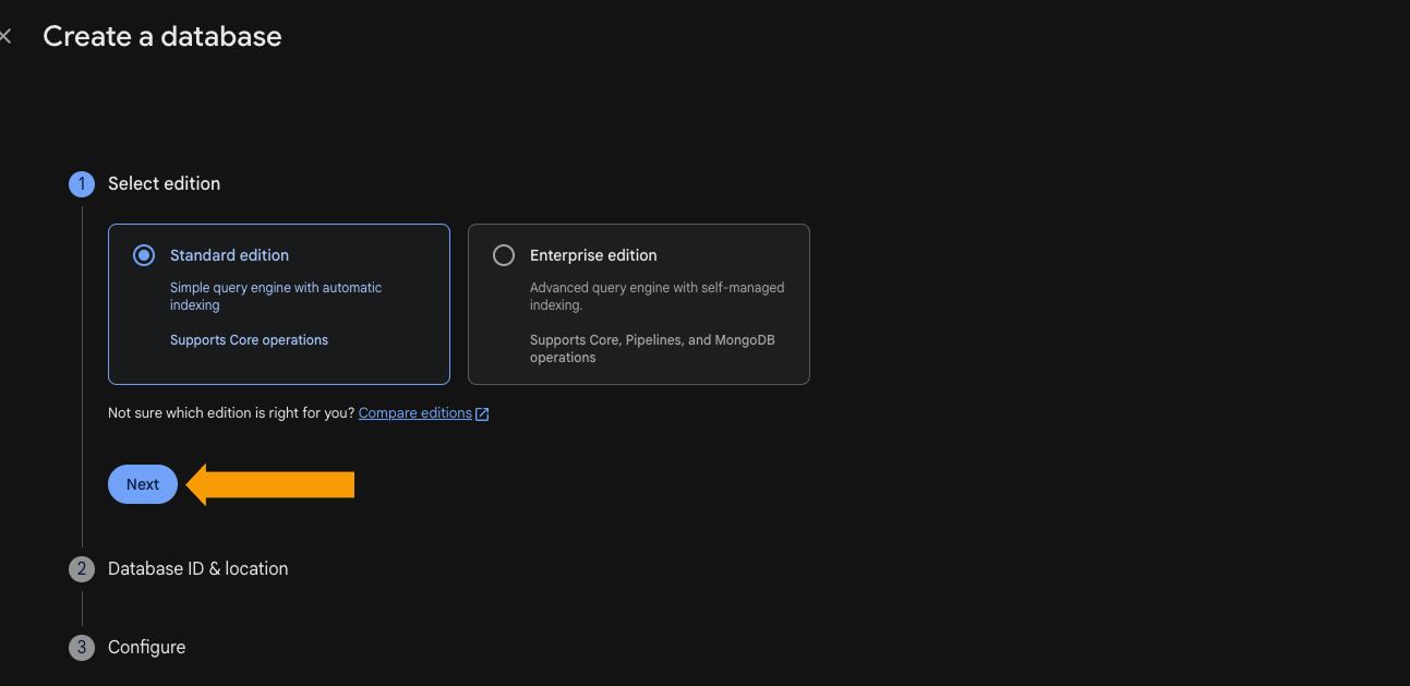 Firestore database creation dialog showing the database ID and location settings
