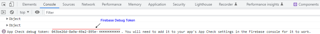 Browser developer console showing the Firebase App Check debug token