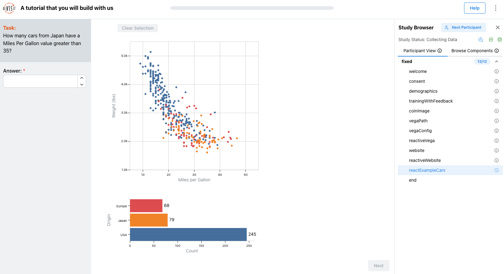 The tutorial study with the reactExampleCars trial