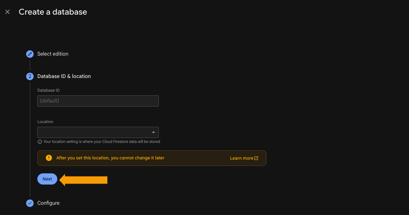 Firestore database creation dialog showing security rules options