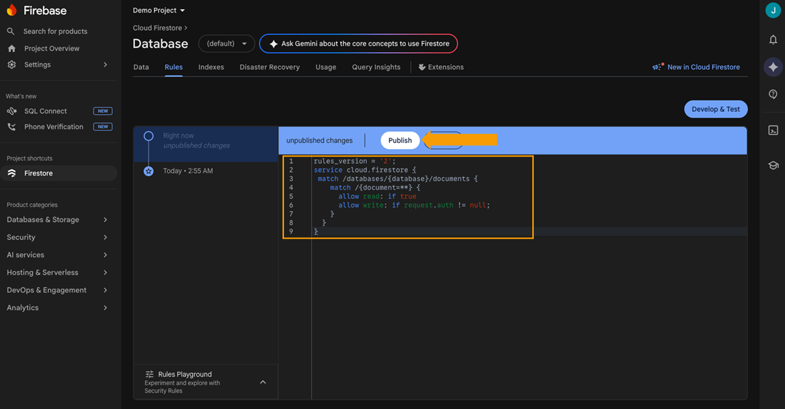 Firestore Rules tab with custom read and write rules entered