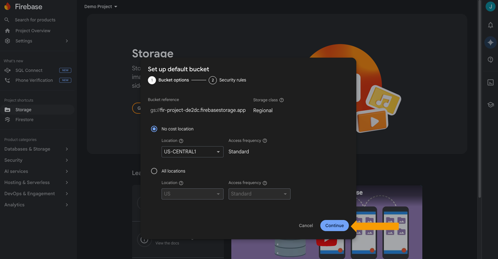 Firebase Storage setup dialog showing security rules options