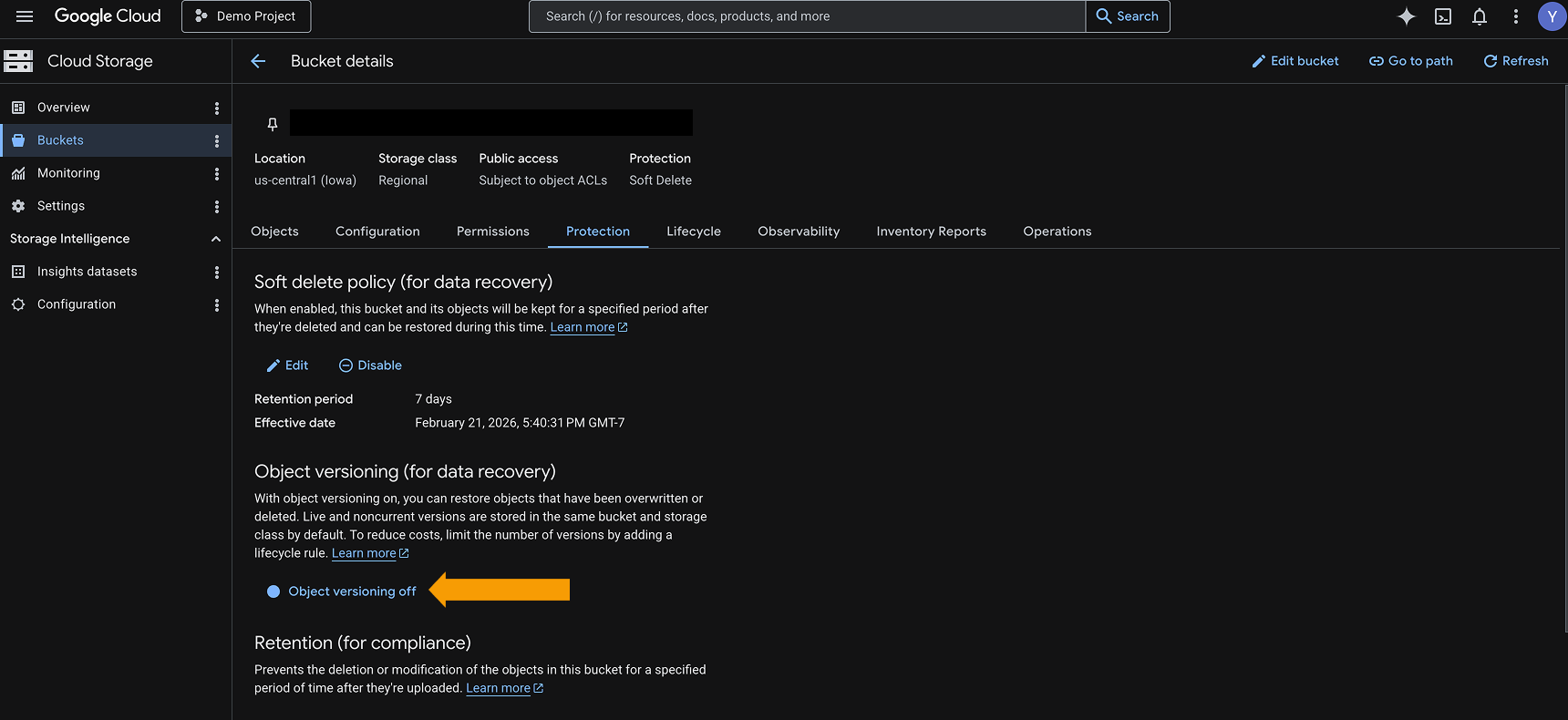 Google Cloud Storage Protection tab with Object versioning