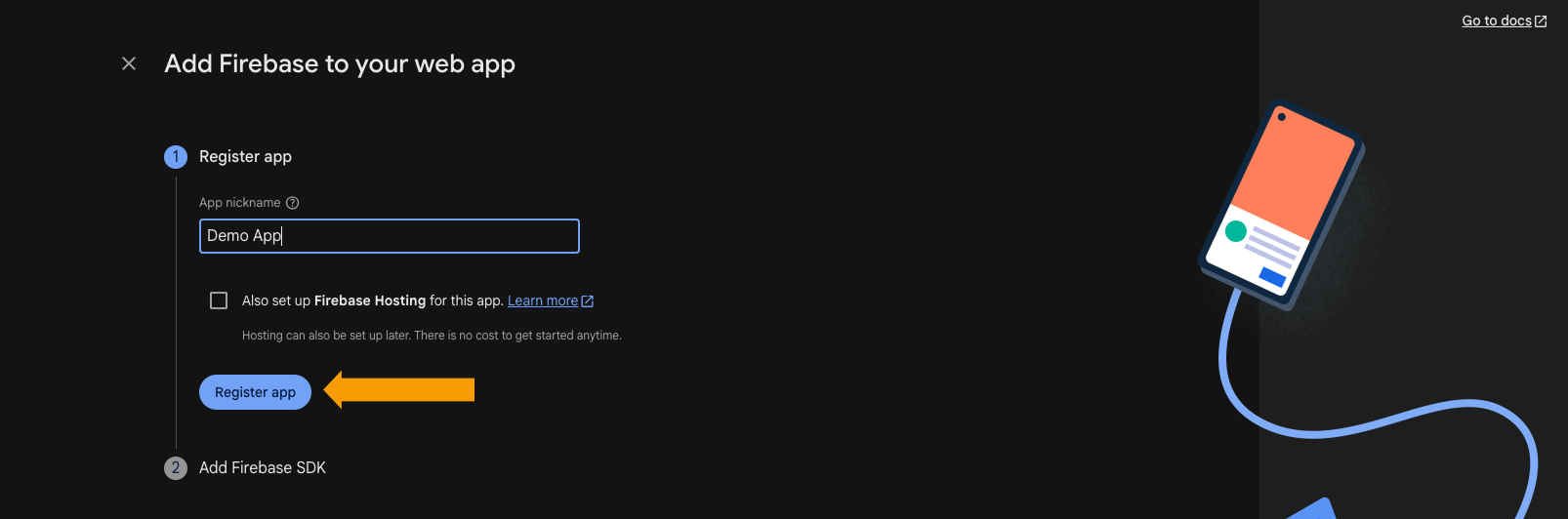 Firebase web app registration dialog for naming the app