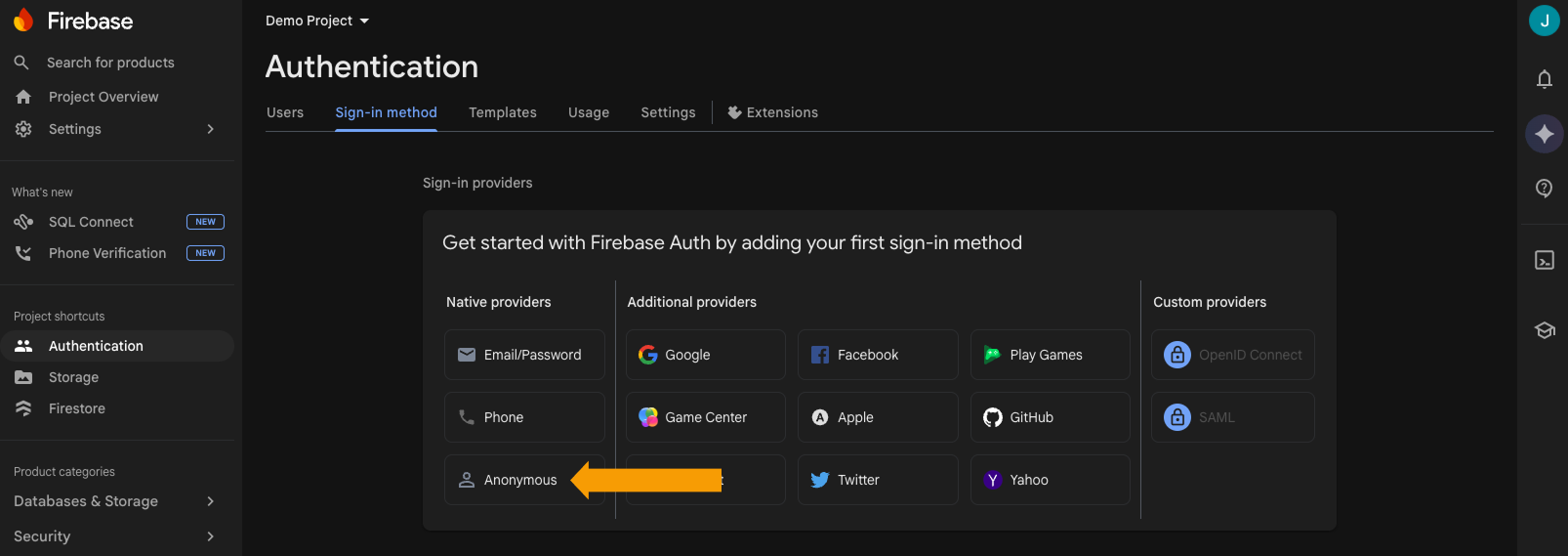 Firebase Authentication sign-in providers list