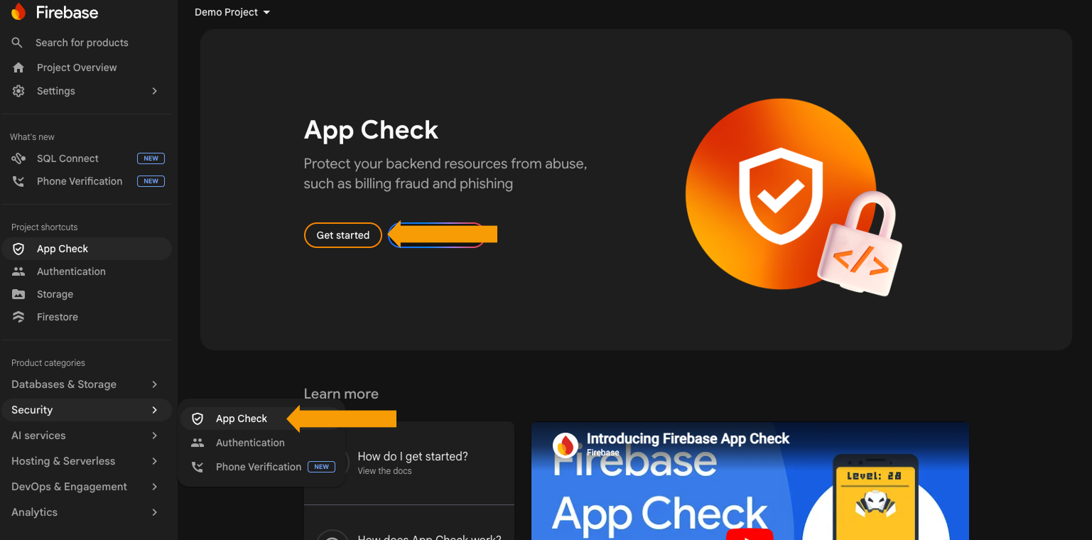 Firebase App Check page showing the registered web app