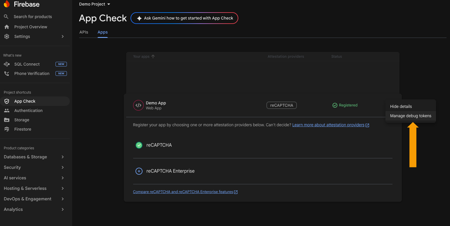Firebase App Check debug tokens page