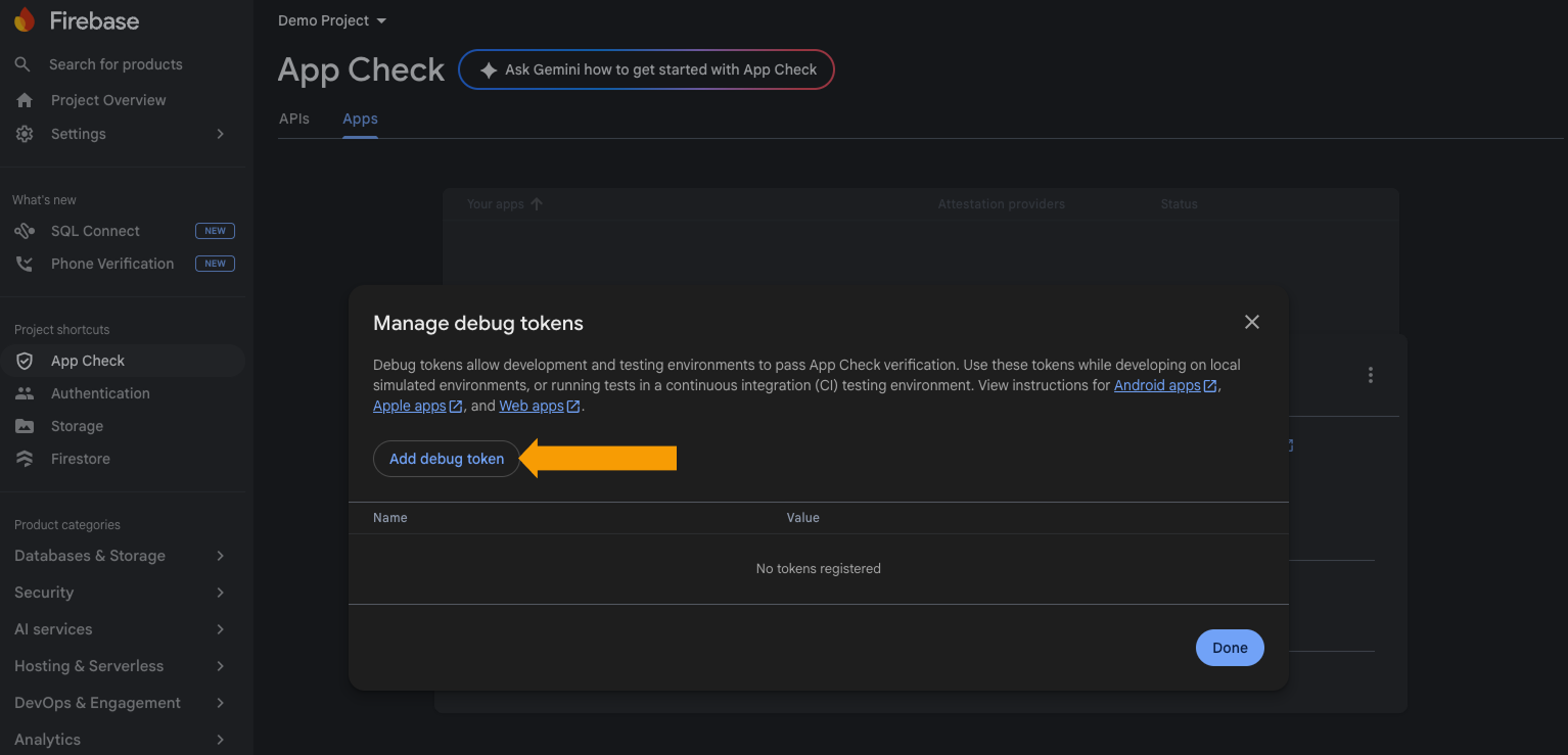 Firebase dialog for adding an App Check debug token