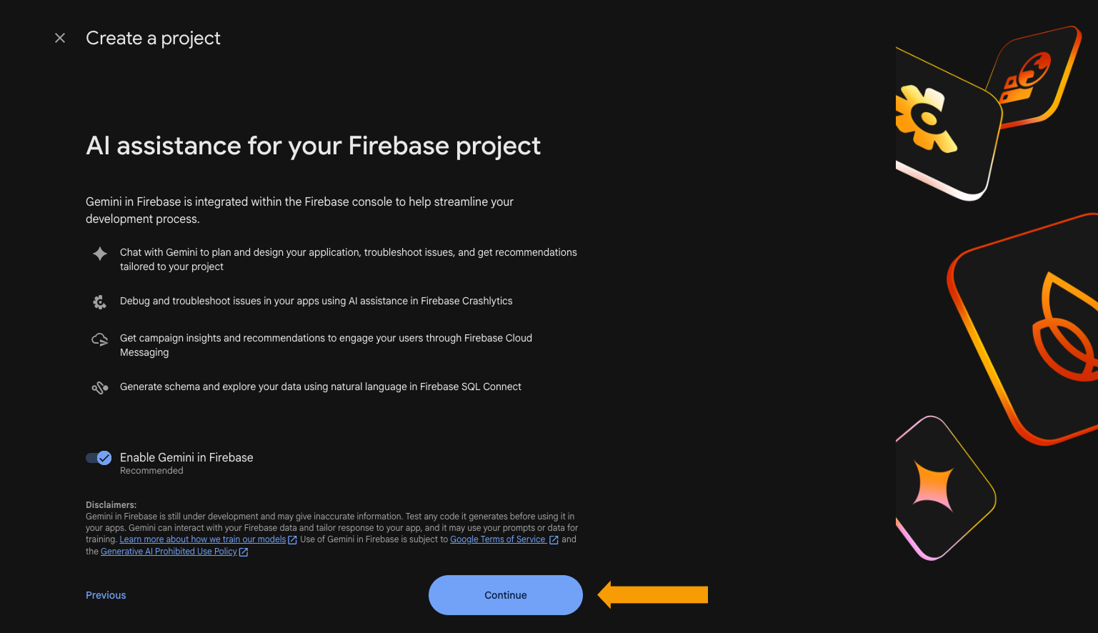Firebase console dialog for creating a new project