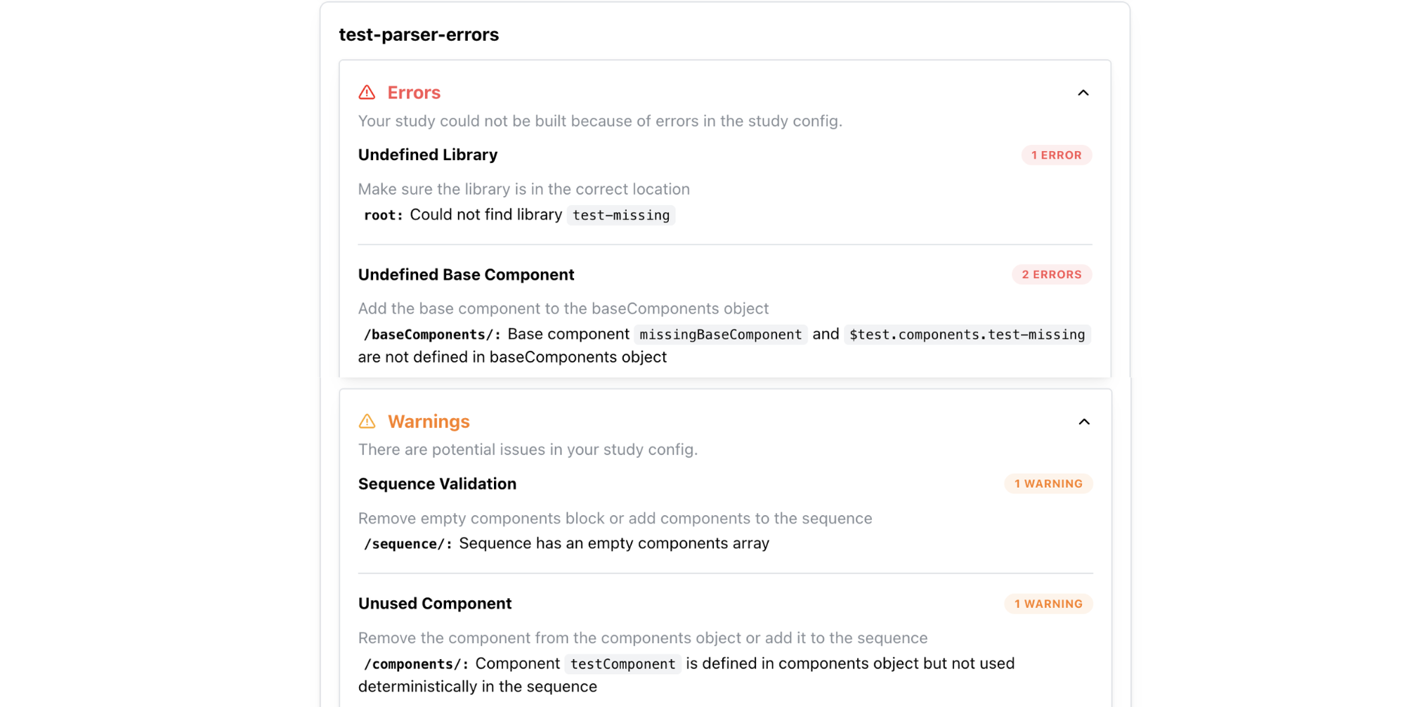 List of parser errors and warnings