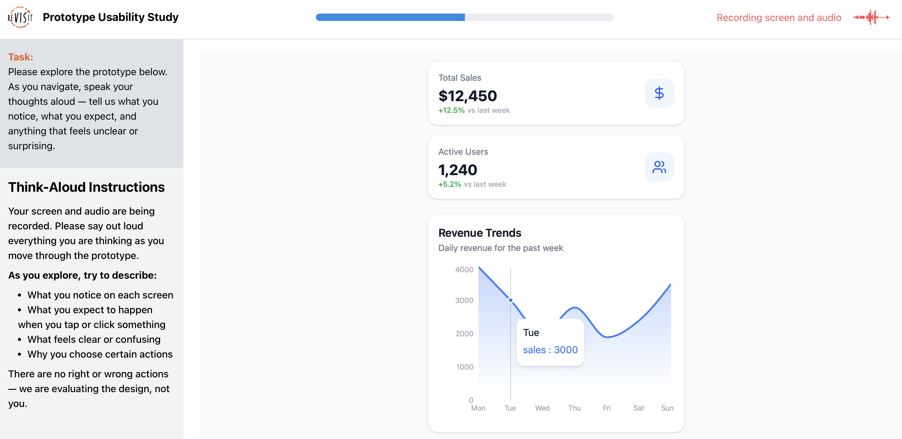 The permissions step participants encounter before the study begins — the browser's native "Choose what to share" dialog with the reVISit study tab pre-selected, alongside the microphone permission prompt. Both are requested together on the same screen.