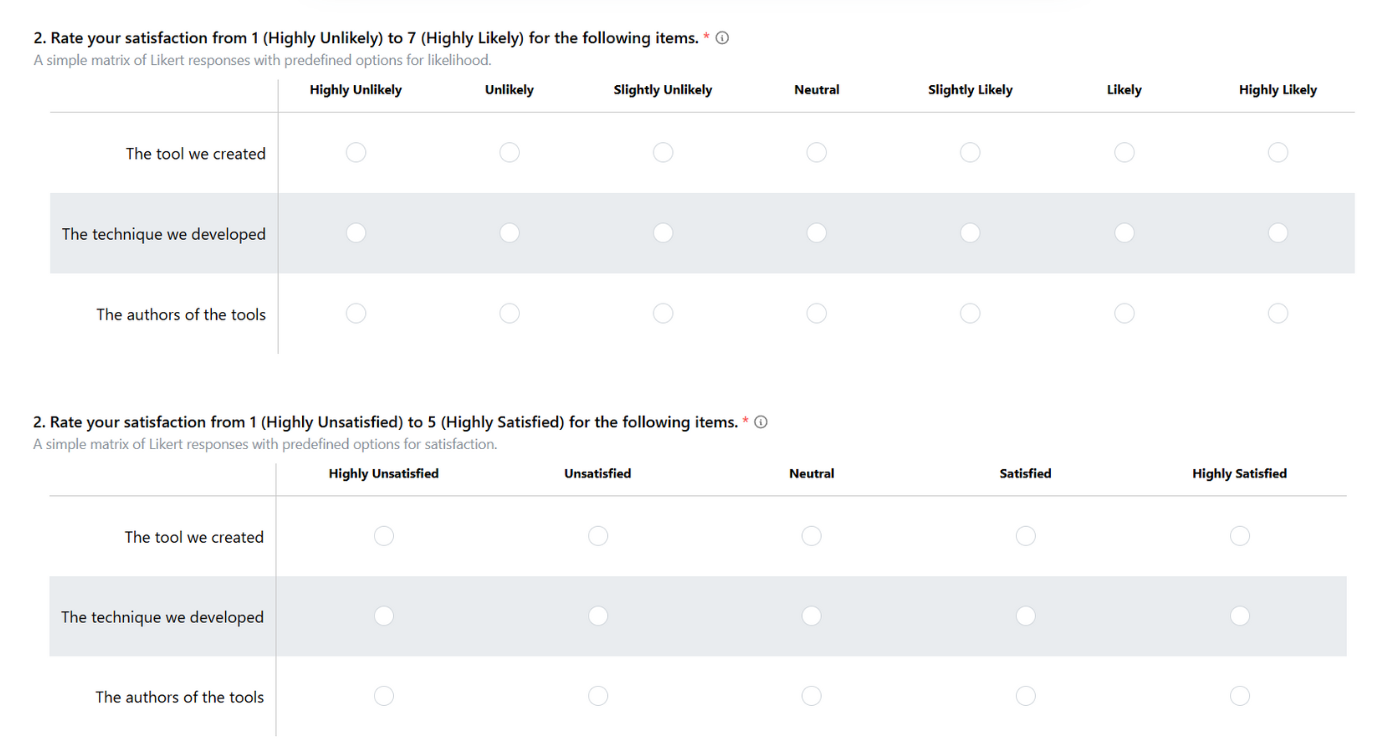 Matrix Radio examples with likely7 and satisfaction5 answer options